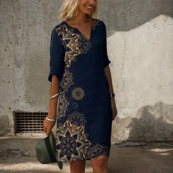 Vintage V-Neck Half Sleeve Printing Women Dress Causal Loose A-Line Knee Length Skirt 2023 Fashion New Female Sundress Vestidos - Image 3