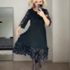 Retro Black Dotted Mesh Patchwork Long Dress For Women Korean Fashion Round Neck Half Sleeve Solid Color A-Line Pullover Dresses