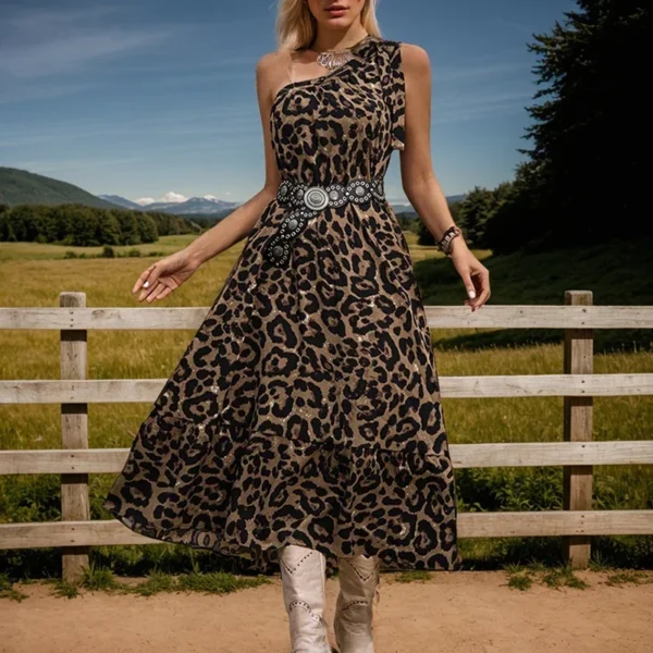 American Retro Long Dress Fashion Trend Sleeveless One-Shoulder Leace-up Waist Leopard Print Pullover A-Line Dress for Women - Image 3