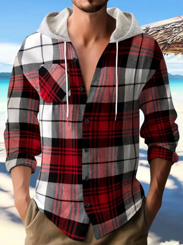 Spring and autumn flannel large size senior comfortable plaid shirt shirt long sleeve hooded street casual men's hoodie coat - Image 2
