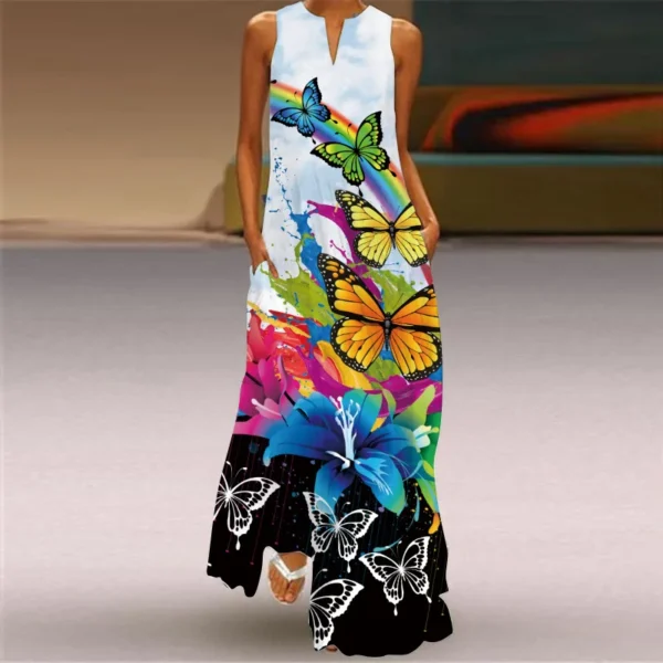 Fashion V-Neck Printed Sleeveless Women Maxi Dress Summer Casual Loose Straight Beach Long Dresses Ladies Sundress Lady Vestidos - Image 3