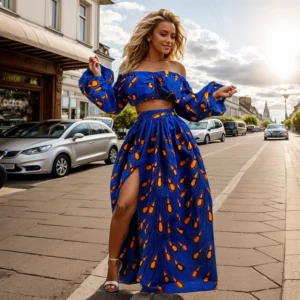 Fashion Ethnic Style Print Women Two Piece Set Sexy Slash Neck One Shoulder Short Sleeve Top & High Waist Maxi Skirt Ladies Suit