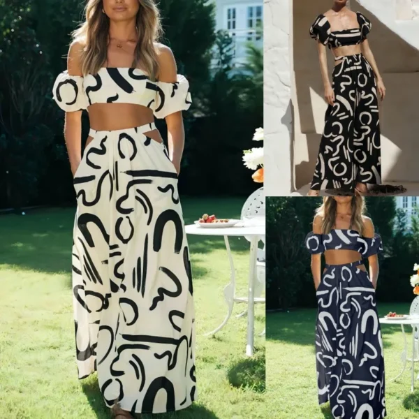 Two Piece Sets Fashion New Print Solid Color Puff Sleeve Zipper Breast Wrap Crop Top & Hollow Out Waist Big Hem Dress Suits Lady - Image 6