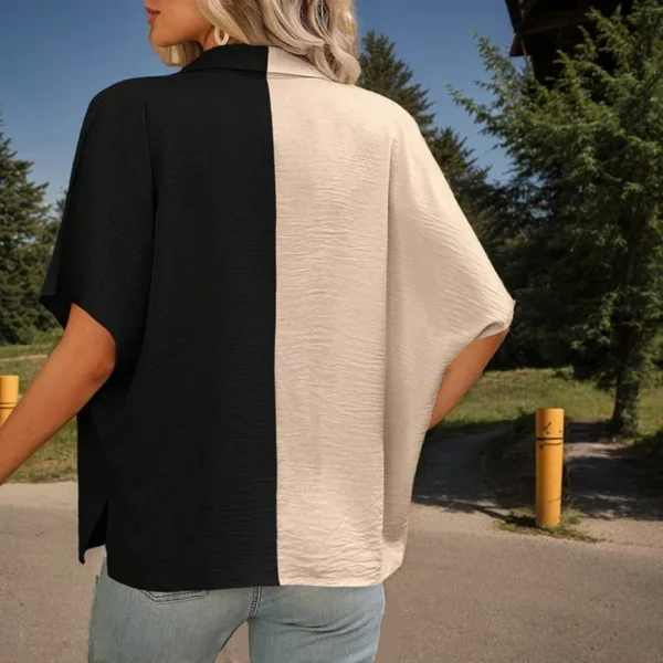 Beach Vacation Casual Blouses Elegant Contrast Color Patchwork Turn Down Collar Single-breasted Short Sleeve Shirt For Women - Image 6