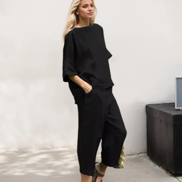 Casual Sport Clothes Two Piece Set For Women Fashion Cotton Linen Rround Neck Quarter Sleeves Pullover Tops Long Pants Suits - Image 2