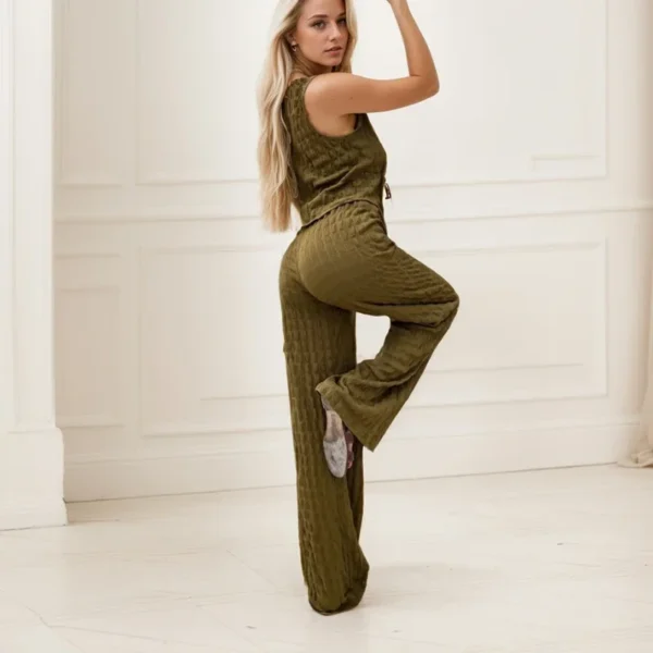 Elegant V Neck Lace Up Sleeveless Solid Color Slim Crop Vest Top And Drawstring High Waist Long Pants Two Piece Set For Women - Image 3