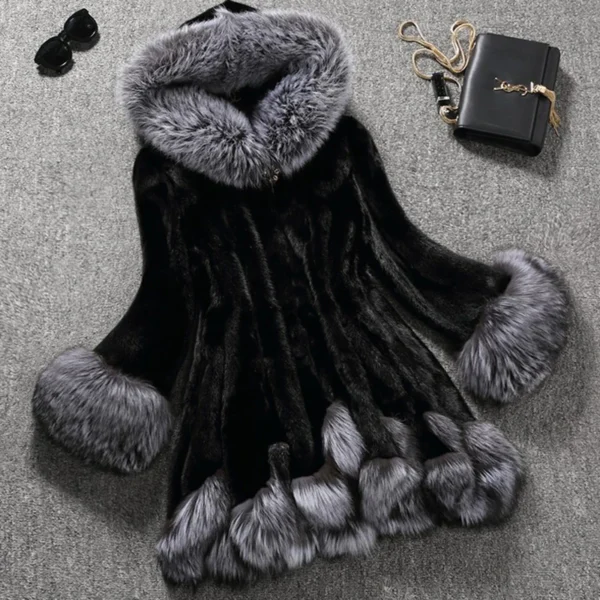 Autumn Winter Fur Women's Jacket Coat High Street Solid Color Imitation Fur Splicing Long Sleeve Belt One Button Hooded Jacket - Image 4