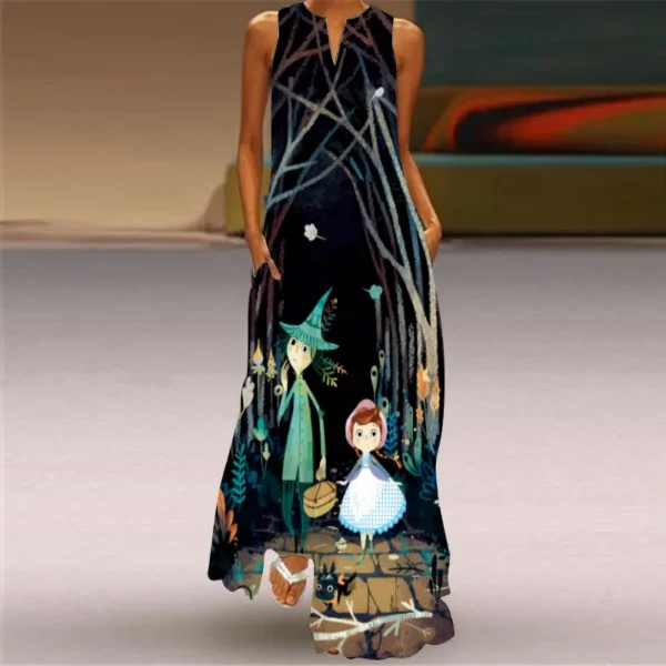 Retro Print V-neck Sleeveless Women Dress Causal Summer Fashion Long Dress Temperament Elegant Loose Straight Female Sundress - Image 5