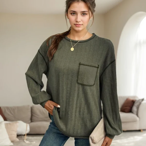 T-Shirt For Women Clothing Casual Solid Color Patchwork Pocket Round Neck Long Sleeved T-shirts Fashion Lady Knitwears Blouses - Image 4