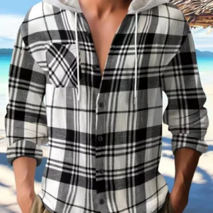 Spring and autumn flannel large size senior comfortable plaid shirt shirt long sleeve hooded street casual men's hoodie coat
