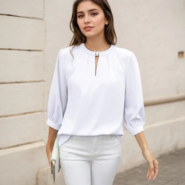 Office Lady Casual Loose Chiffon Shirt Spring Summer New Fashion V-neck Three-quarter Sleeve Solid Color Pullover Women's Blouse - Image 6