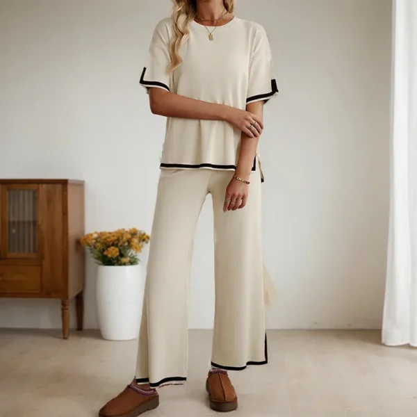 Korean Simple Solid Color Two Piece Sets For Women Casual Loose Slit Short Sleeve Tops High Waisted Wide Leg Trousers Suits - Image 4