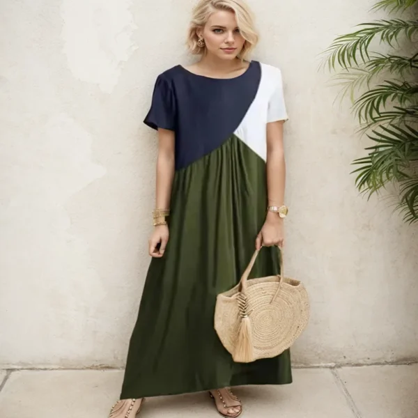 Fashion New Geometry Patchwork Women Dress Round Neck Daily Short Sleeve Long Dress Summer Causal Loose Higt Waist Beach Dress - Image 6