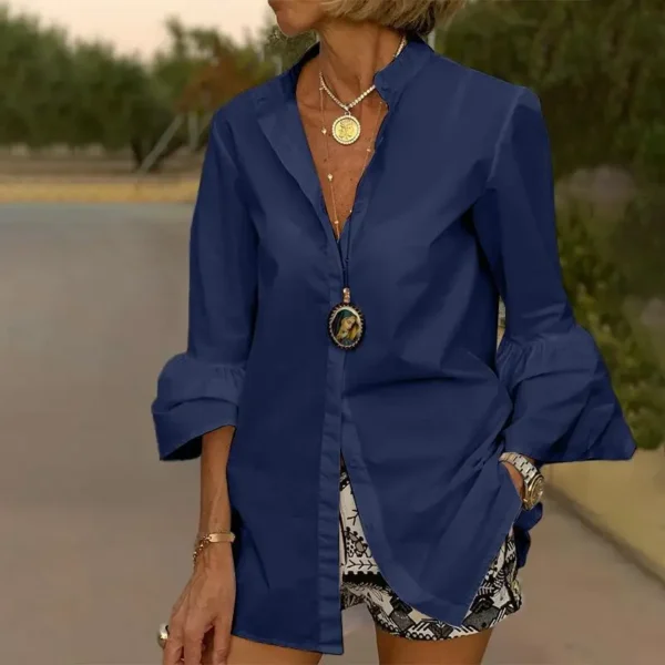 Temperament Office Solid Color Lapel Women Shirt Fashion Flare Long Sleeve Turn Down Collar V-Neck Single Breasted Elegant Shirt - Image 2