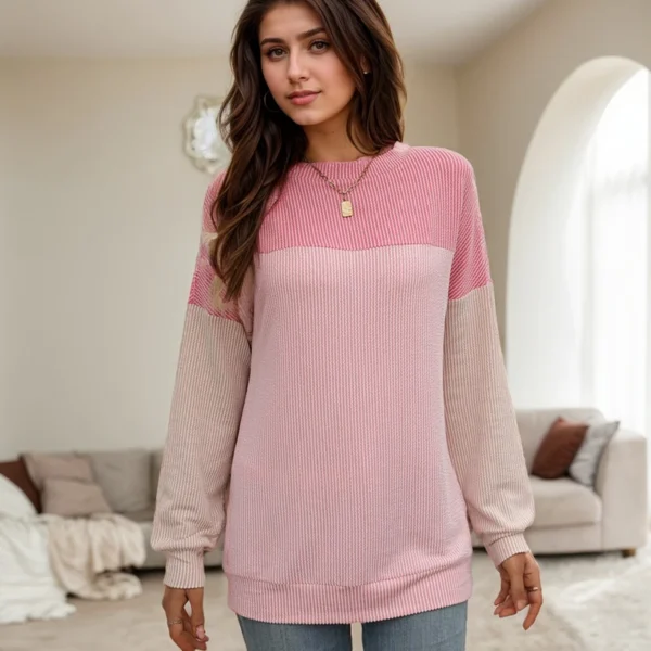 Spring Autumn Women's Tops Bohemia Stripped Knit Colorblock Round Neck Long Sleeve T-Shirt Loose Casual Daily Pullover Blouses