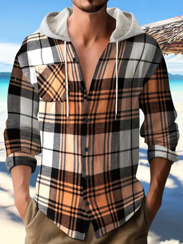 Spring and autumn flannel large size senior comfortable plaid shirt shirt long sleeve hooded street casual men's hoodie coat - Image 3