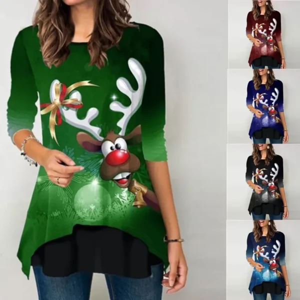 Christmas Elk Print Women T-Shirt Festival Style Solid Long Sleeve Higt Waist Slim Top Causal Slim O-Neck Elegant Fashion Shirt - Image 6