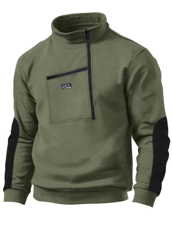 Cross-border new men's polar fleece stand collar half zipper long sleeve tactical pocket embroidered jumper training Polo shirt - Image 2