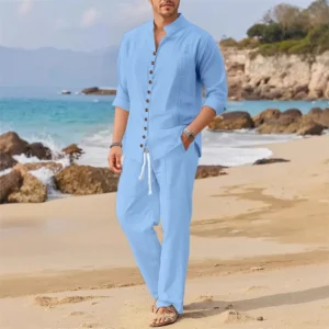 2025 Spring and autumn new European and American men's 100% pure cotton shirt casual loose long sleeve trousers beach suit