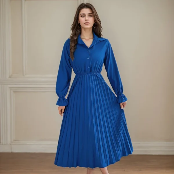 Spring Summer Long Dresses For Women Casual Solid Color Polo Collar Single-breasted Long Sleeved Waist Pleated A-LINE Dress - Image 3