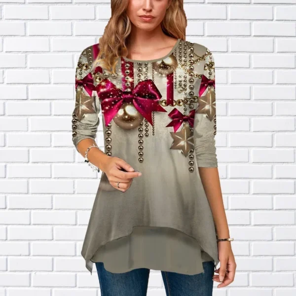 Christmas Elk Print Women T-Shirt Festival Style Solid Long Sleeve Higt Waist Slim Top Causal Slim O-Neck Elegant Fashion Shirt - Image 4