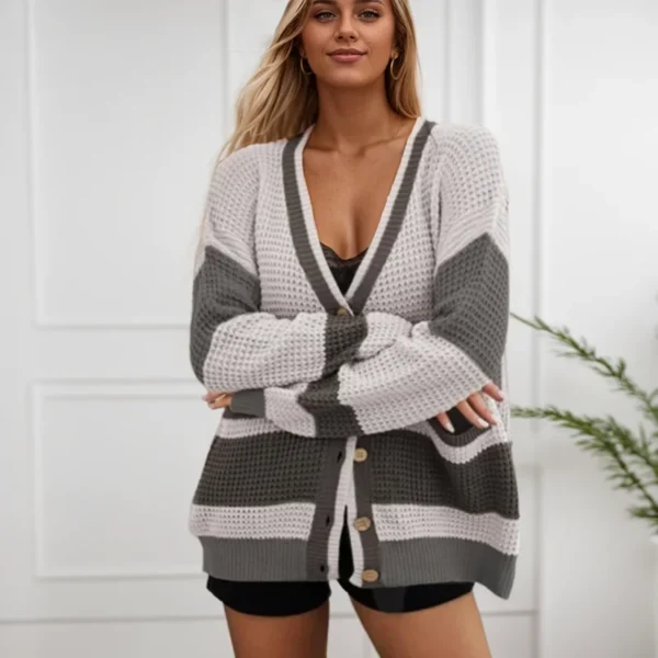 Fashion Street Hollow Out Cardigan Sweater Loose Long Sleeve High Street Outwear Casual V-Neck Pockets Striped Ribbed Sweater