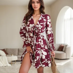 Elegant Dress For Women Casual Flower Lace Up Bell Sleeves Elastic Waist Pullover A-Line Dresses Korean Basics Mini Dresses
