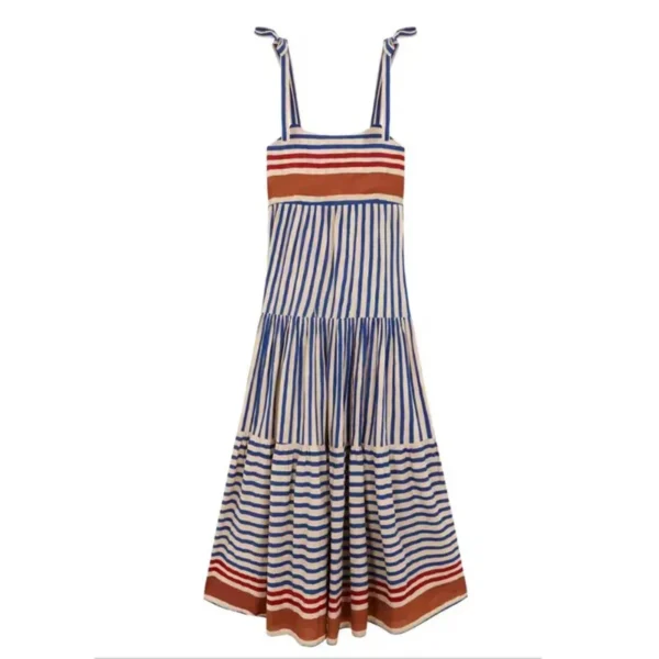 Summer Beach Style Long A-Line Dress Casual Sleeveless Print Stripe Contrast Color Square Leader Lace Up Sling Dresses For Women - Image 6