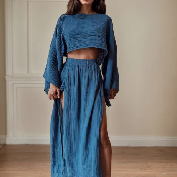 Bohemian Beach VacationTwo Piece Sets Summer New Elegant Cotton And Linen Round Neck Short Top And Split Long Dresses Suits - Image 4