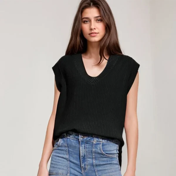 Office Ladies Commuting Vests Casual Striped Texture Crop Sleeveless V-neck Sweater Loose Versatile Solid Color Pullover Top - Image 5