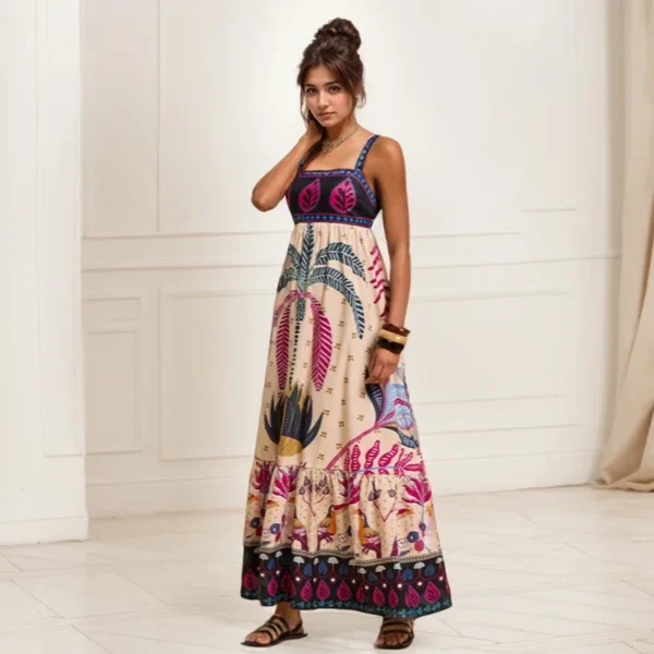Beach Style Casual Strapless Long Dresses National Style Floral Print Sleeveless High Waist Elastic Strapless Sling Dresses - Image 3