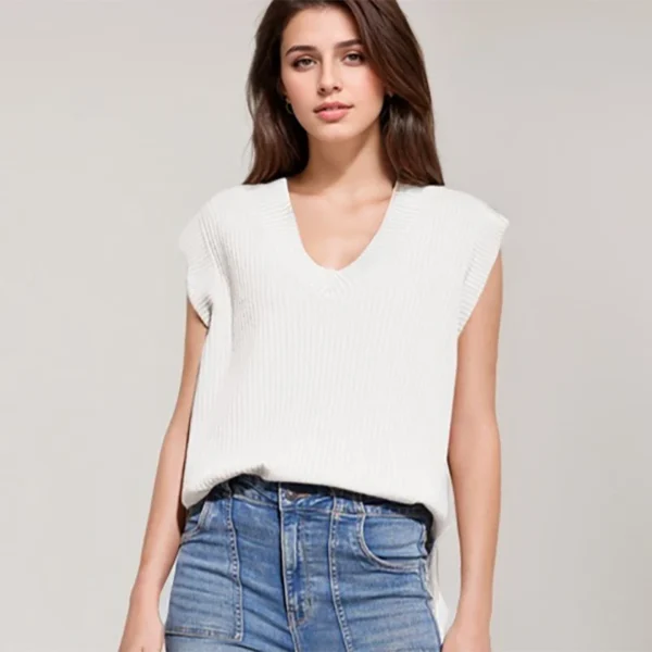 Office Ladies Commuting Vests Casual Striped Texture Crop Sleeveless V-neck Sweater Loose Versatile Solid Color Pullover Top - Image 3