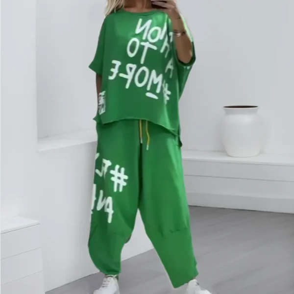 Comfortable Women Outfit Two-piece Suit Summer New Fashion Women's Print O-neck Short Sleeve T-shirt Waist Ties Harem Pants Set - Image 6