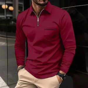 Europe and the United States Autumn Cotton blend POLO shirt zipper pocket Muscle Middle-aged men Long sleeve Leisure sports
