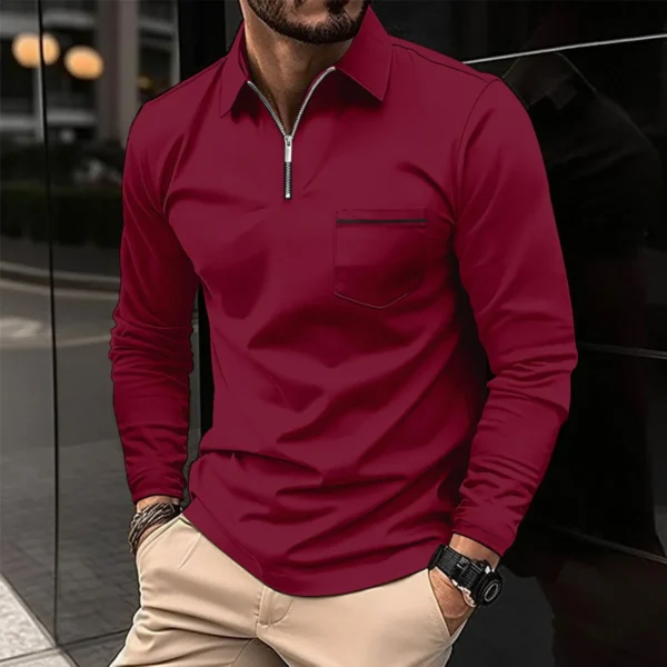 Europe and the United States Autumn Cotton blend POLO shirt zipper pocket Muscle Middle-aged men Long sleeve Leisure sports