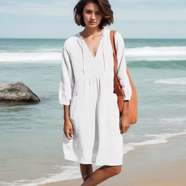 Summer Casual Dress For Women Fashion Trendy Solid Color V-neck Lace Up Three-quarter Sleeves Pocket Jacquard Cotton Linen Dress - Image 3