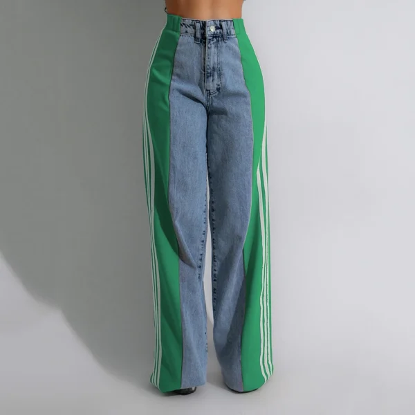 Summer Long Trouses For Women Casual Washed Denim Vintage Jeans Fashion High Waist Elastic Three Stripe Patchwork Straigh Pants - Image 3