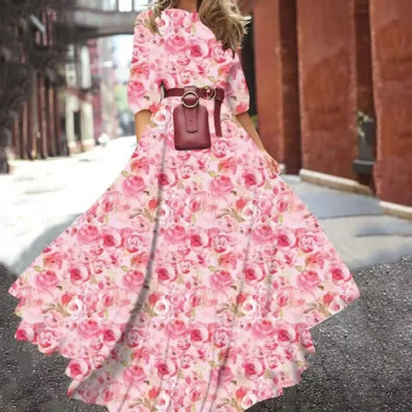 Fashion Trend Slim-fitting Printed Dresses High Street Round Collar Zipper Floral Print A-line Silhouette High Waist Dresss