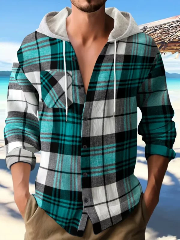 Spring and autumn flannel large size senior comfortable plaid shirt shirt long sleeve hooded street casual men's hoodie coat - Image 6