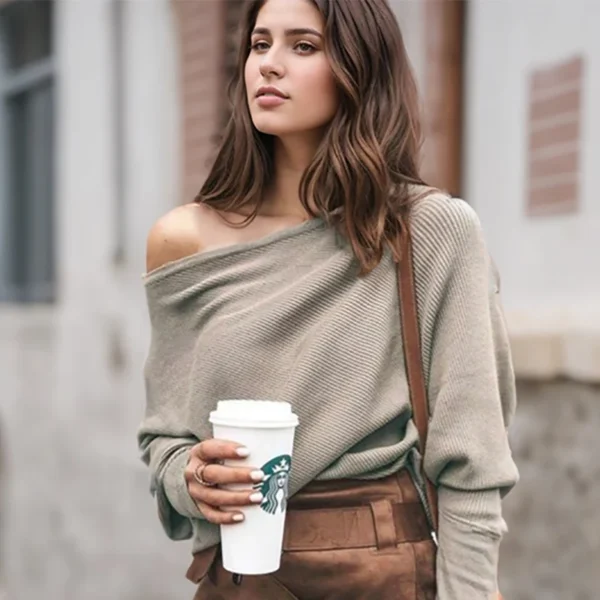 Sexy Off Shoulder Tops For Women Spring Autumn Loose Casual Solid Color Knitted Slash Neck Ribbed Dolman Sleeve Pullovers Blouse - Image 4