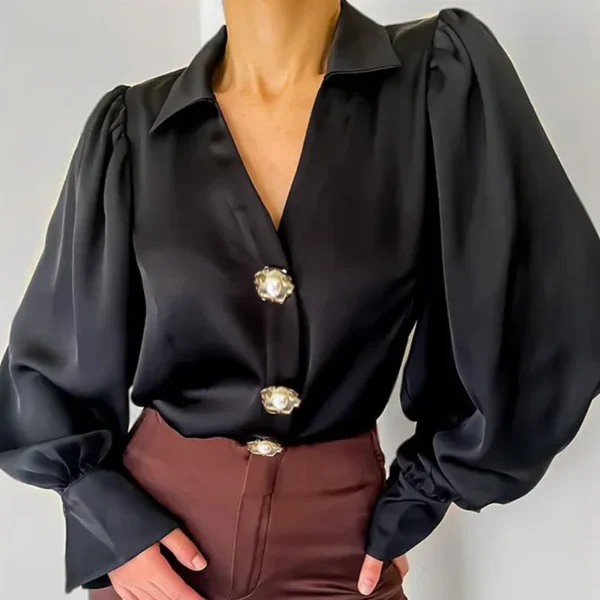 Streetwear Chic Lantern Sleeve Women's Shirt Fashion Chic Solid Color Turn-Down Collar V-neck Single-breasted Satin T-Shirts - Image 3