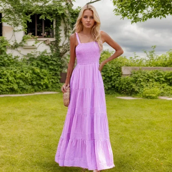 Korean Simple Long Dress High Street Square Collar Sleeveless Backless Stripe Splicing Zipper High Waist A-line Dress For Women - Image 4