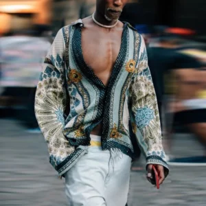 Retro street fashion brand shirt new European style men's summer loose shirt printing explosive long sleeves