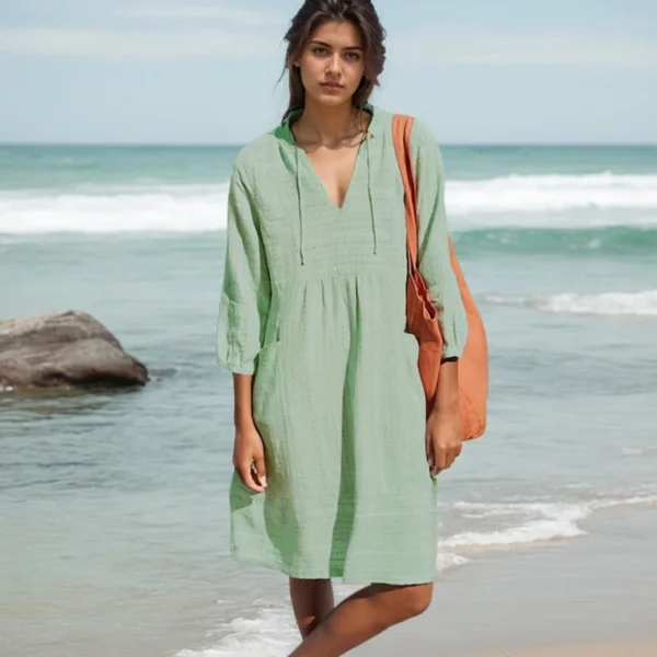 Summer Casual Dress For Women Fashion Trendy Solid Color V-neck Lace Up Three-quarter Sleeves Pocket Jacquard Cotton Linen Dress - Image 2