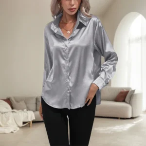Vintage Solid Color Shirts For Women Spring Casual Turn Down Collar Long Sleeve Single Breasted Loose True Silk Blouse Tops