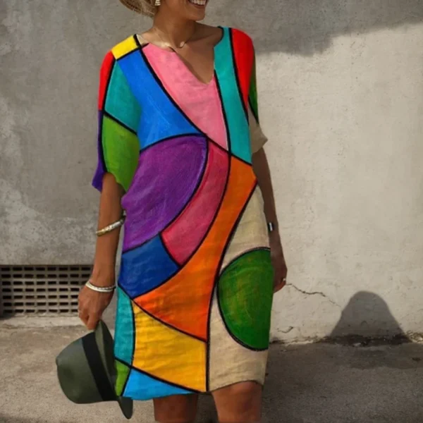 Vintage V-Neck Half Sleeve Printing Women Dress Causal Loose A-Line Knee Length Skirt 2023 Fashion New Female Sundress Vestidos - Image 2