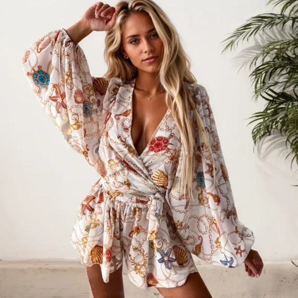 Streetwear Botanical Printed Jumpsuit Shorts For Women Sexy Hottie Deep V Neck Dolman Sleeve Lace Up Jumpsuit Shorts For Women - Image 6