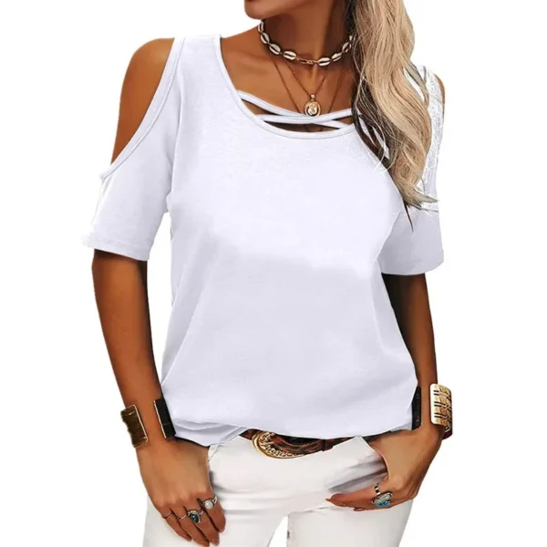 Fashion Commuter Solid Color T-Shirts Elegant Irregular Cross Bandage Hollow Out Off Shoulder Round Neck T-Shirts For Women - Image 3