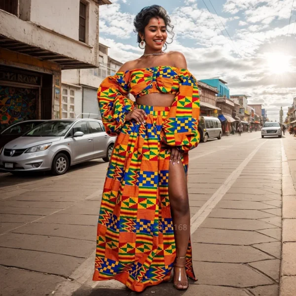 Fashion Ethnic Style Print Women Two Piece Set Sexy Slash Neck One Shoulder Short Sleeve Top & High Waist Maxi Skirt Ladies Suit - Image 2