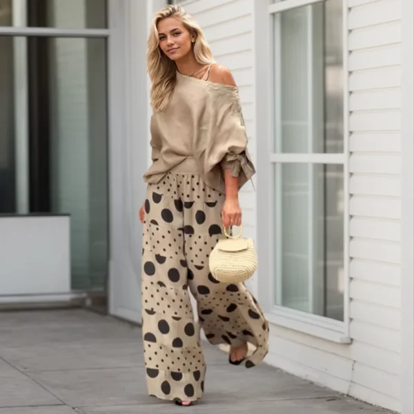 Casual Party Suit Female Summer Loose Polka Dot Printed Women Suits Fashion Slant Neck One Shoulder Bow Cuff Top Pants Sets - Image 6